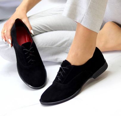 Жіночі туфлі на шнурках низький хід чорні натуральна замша DANI 3-3, 36, деми, натуральна шкіра