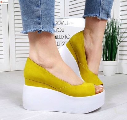 Жіночі туфлі жовті з відкритим носком на танкетці натуральна замша SOLO 1-5, 41, літо, натуральна шкіра