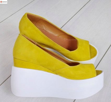 Женские туфли желтые с открытым носком на танкетке натуральная замша SOLO 1-5, 36, лето, натуральная кожа