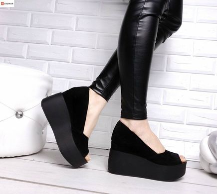 Жіночі туфлі чорні з відкритим носком на танкетці натуральна замша SOLO 3-4, 36, літо, натуральна шкіра