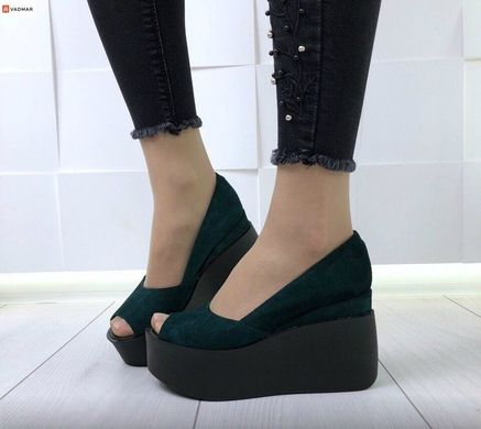 Жіночі туфлі зелений з відкритим носком на танкетці натуральна замша SOLO 3-1, 41, літо, натуральна шкіра