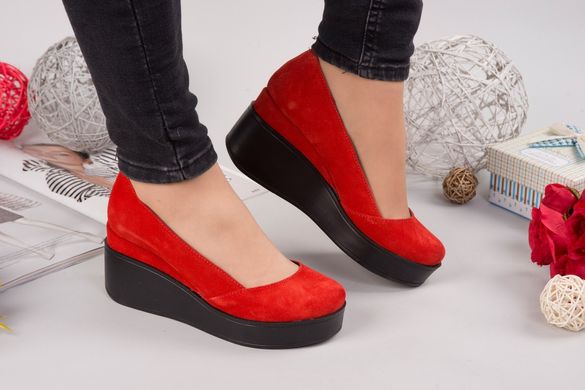Жіночі туфлі червоні на танкетці натуральна замша EMIO 2, 36, деми, натуральна шкіра