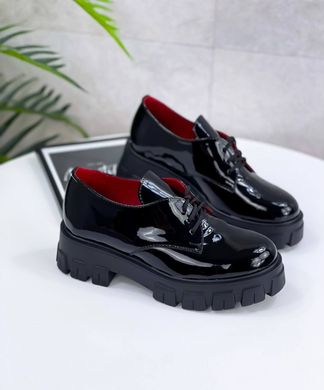 Жіночі туфлі на платформі на шнурках чорні натуральний лак KIKA 1-2, 36, деми, натуральна шкіра