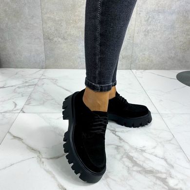 Жіночі туфлі чорні на тракторній підошві і шнурках натуральна замша ТП 1-1, 36, деми, натуральна шкіра