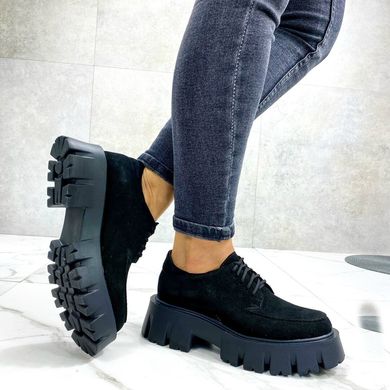 Жіночі туфлі чорні на тракторній підошві і шнурках натуральна замша ТП 1-1, 36, деми, натуральна шкіра