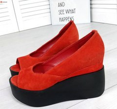Женские туфли красные с открытым носком на танкетке натуральная замша SOLO 1-1, 41, лето, натуральная кожа