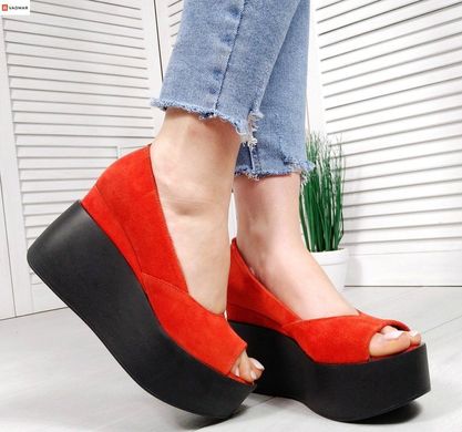 Жіночі туфлі червоні з відкритим носком на танкетці натуральна замша SOLO 1-1, 41, літо, натуральна шкіра