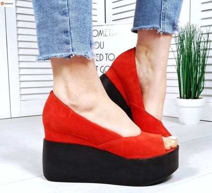 Женские туфли красные с открытым носком на танкетке натуральная замша SOLO 1-1, 36, лето, натуральная кожа