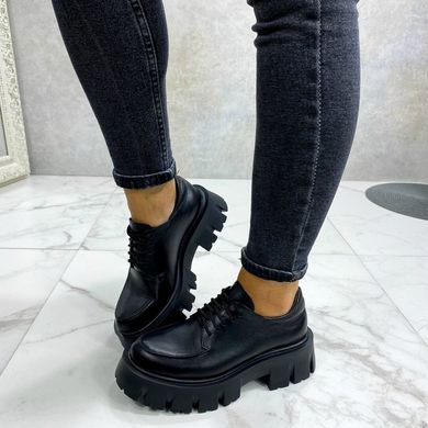 Жіночі туфлі чорні на тракторній підошві і шнурках натуральна шкіра ТП 1-2, 36, деми, натуральна шкіра