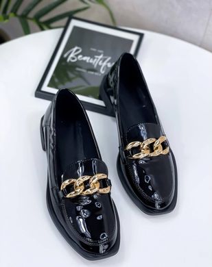 Жіночі туфлі - лофери з ланцюгом на низькому ходу чорні натуральний лак MAXME 1-3, 36, деми, натуральна шкіра