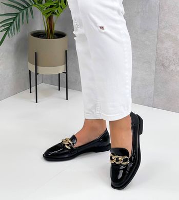 Женские туфли - лоферы с цепью на низком ходу черные натуральный лак MAXME 1-3, 36, деми, натуральная кожа